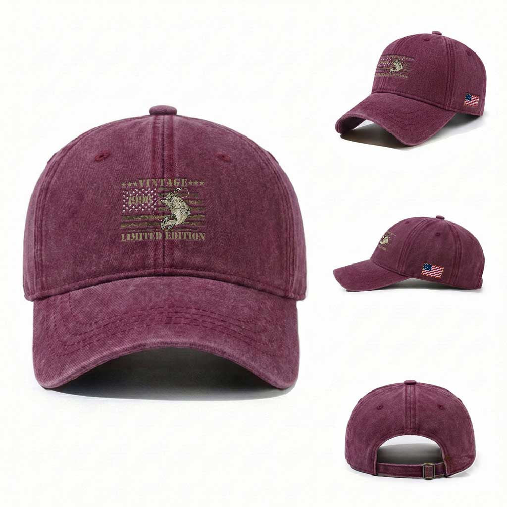 30th Birthday Fishing Vintage 1996 Limited Edition Washed Cotton Baseball Cap Bass Fishing Camouflage American Flag Fisherman Gift