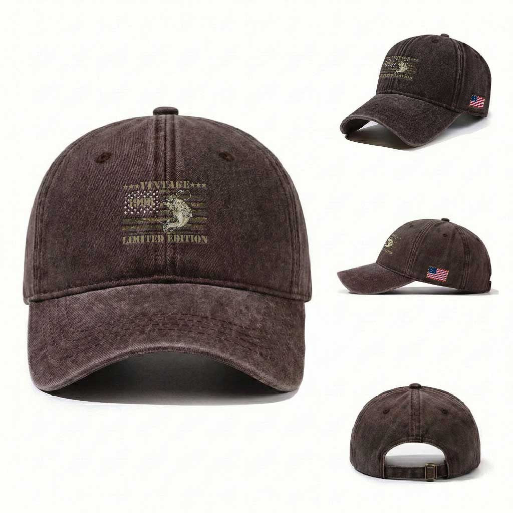 30th Birthday Fishing Vintage 1996 Limited Edition Washed Cotton Baseball Cap Bass Fishing Camouflage American Flag Fisherman Gift