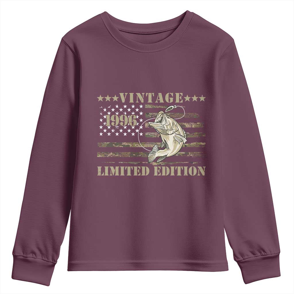 30th Birthday Fishing Vintage 1996 Limited Edition Youth Sweatshirt Bass Fishing Camouflage American Flag Fisherman Gift