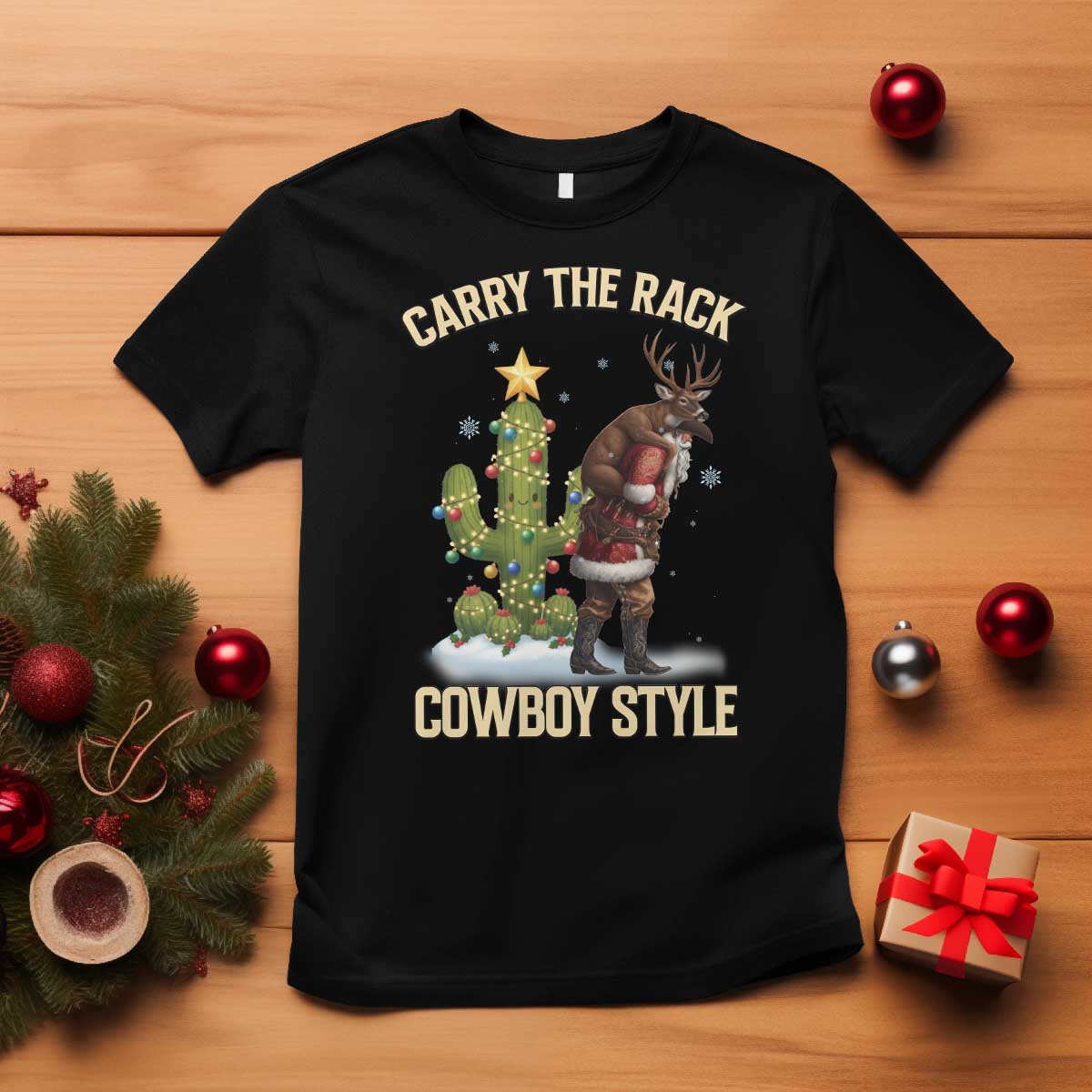 Funny Santa Hunting T Shirt Carry The Rack Cowboy Style - Wonder Print Shop