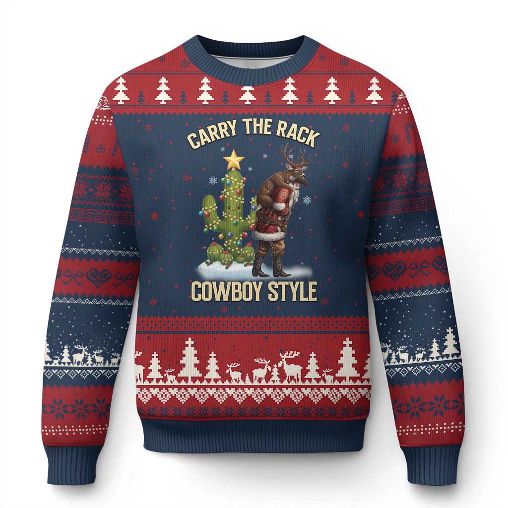 Funny Santa Hunting Ugly Christmas Sweater Carry The Rack Cowboy Style - Wonder Print Shop