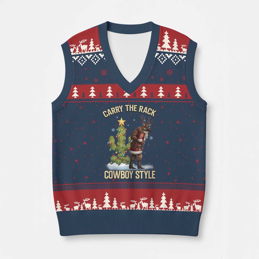 Funny Santa Hunting V-Neck Knit Sweater Vest Carry The Rack Cowboy Style - Wonder Print Shop