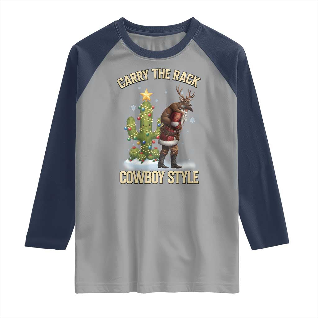 Funny Santa Hunting Raglan Shirt Carry The Rack Cowboy Style - Wonder Print Shop