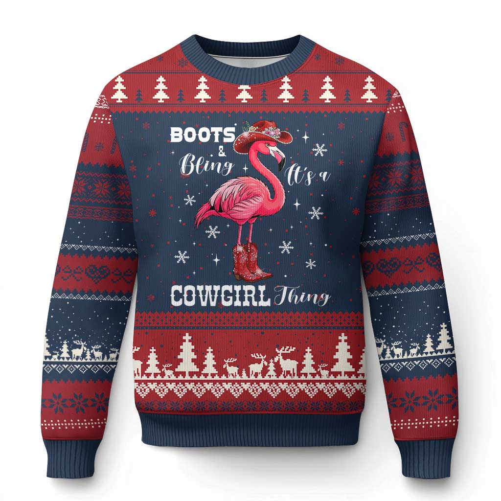 Cowboy Flamingo Ugly Christmas Sweater Boots And Bling It Is A Cowgirl Thing - Wonder Print Shop