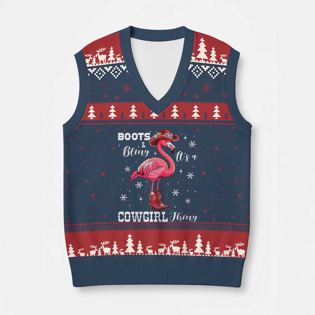 Cowboy Flamingo V-Neck Knit Sweater Vest Boots And Bling It Is A Cowgirl Thing - Wonder Print Shop