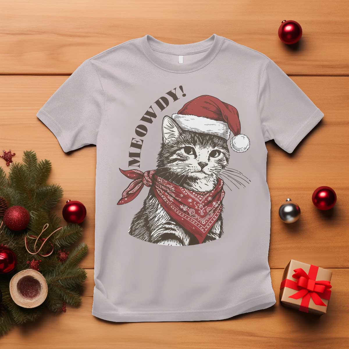 Cowboy Cat Christmas T Shirt Meowdy Western Rodeo - Wonder Print Shop