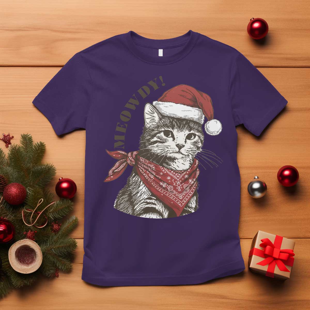 Cowboy Cat Christmas T Shirt Meowdy Western Rodeo - Wonder Print Shop