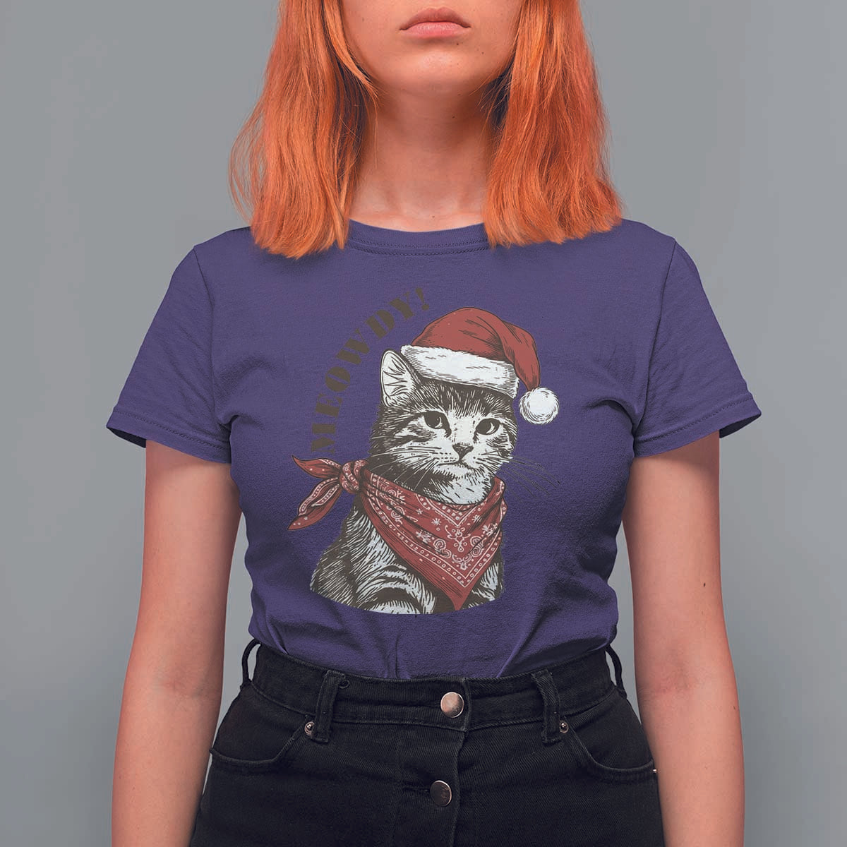 Cowboy Cat Christmas T Shirt For Women Meowdy Western Rodeo - Wonder Print Shop
