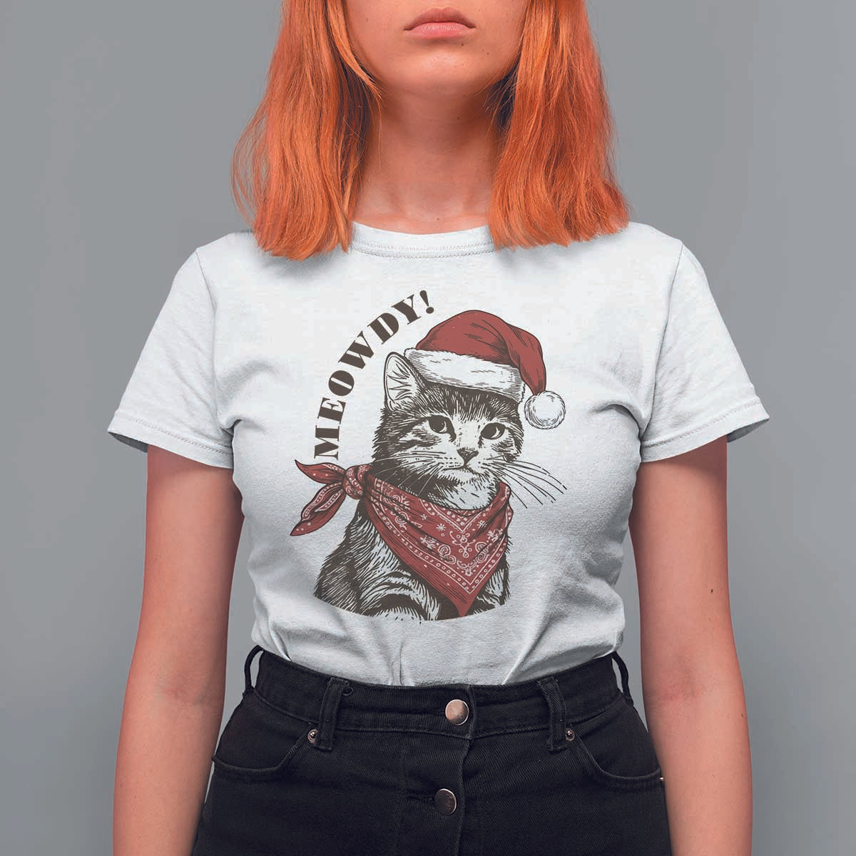 Cowboy Cat Christmas T Shirt For Women Meowdy Western Rodeo - Wonder Print Shop