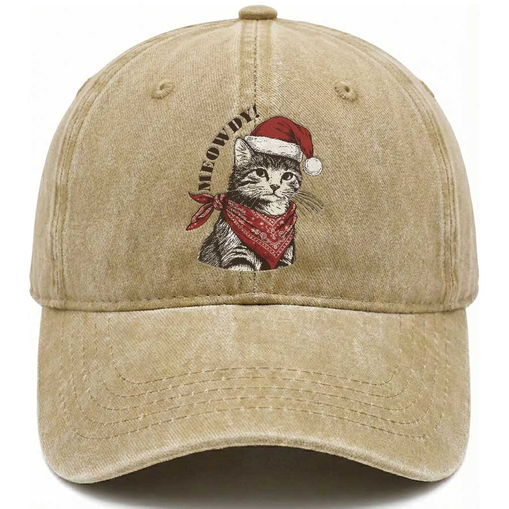 Cowboy Cat Christmas Washed Cotton Baseball Cap Meowdy Western Rodeo