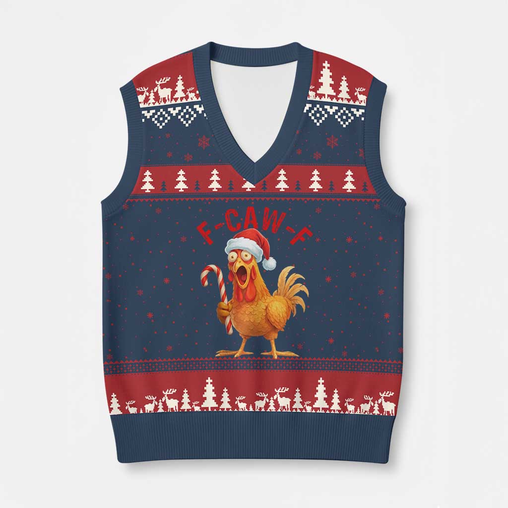 Xmas F Caw F V-Neck Knit Sweater Vest Funny Chicken Meme - Wonder Print Shop
