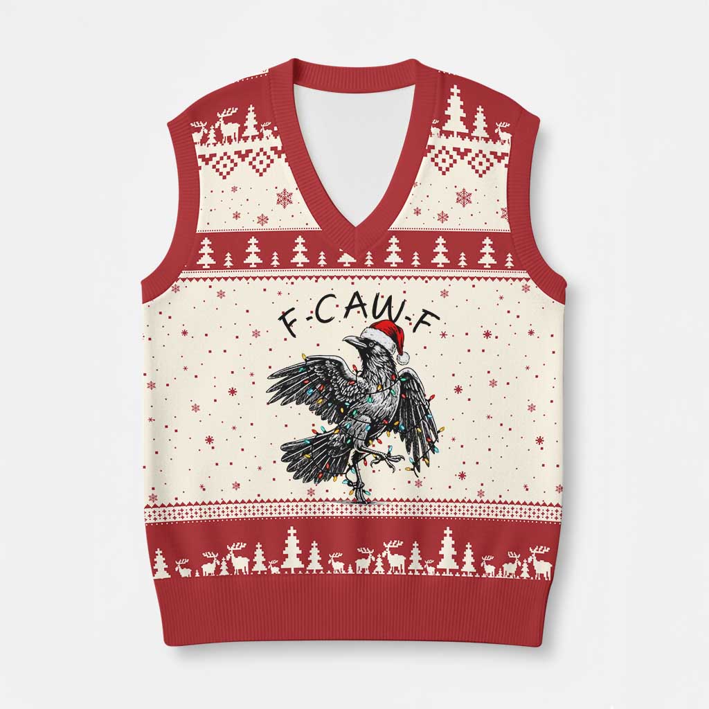 Xmas F Caw F V-Neck Knit Sweater Vest Funny Black Crow Meme - Wonder Print Shop