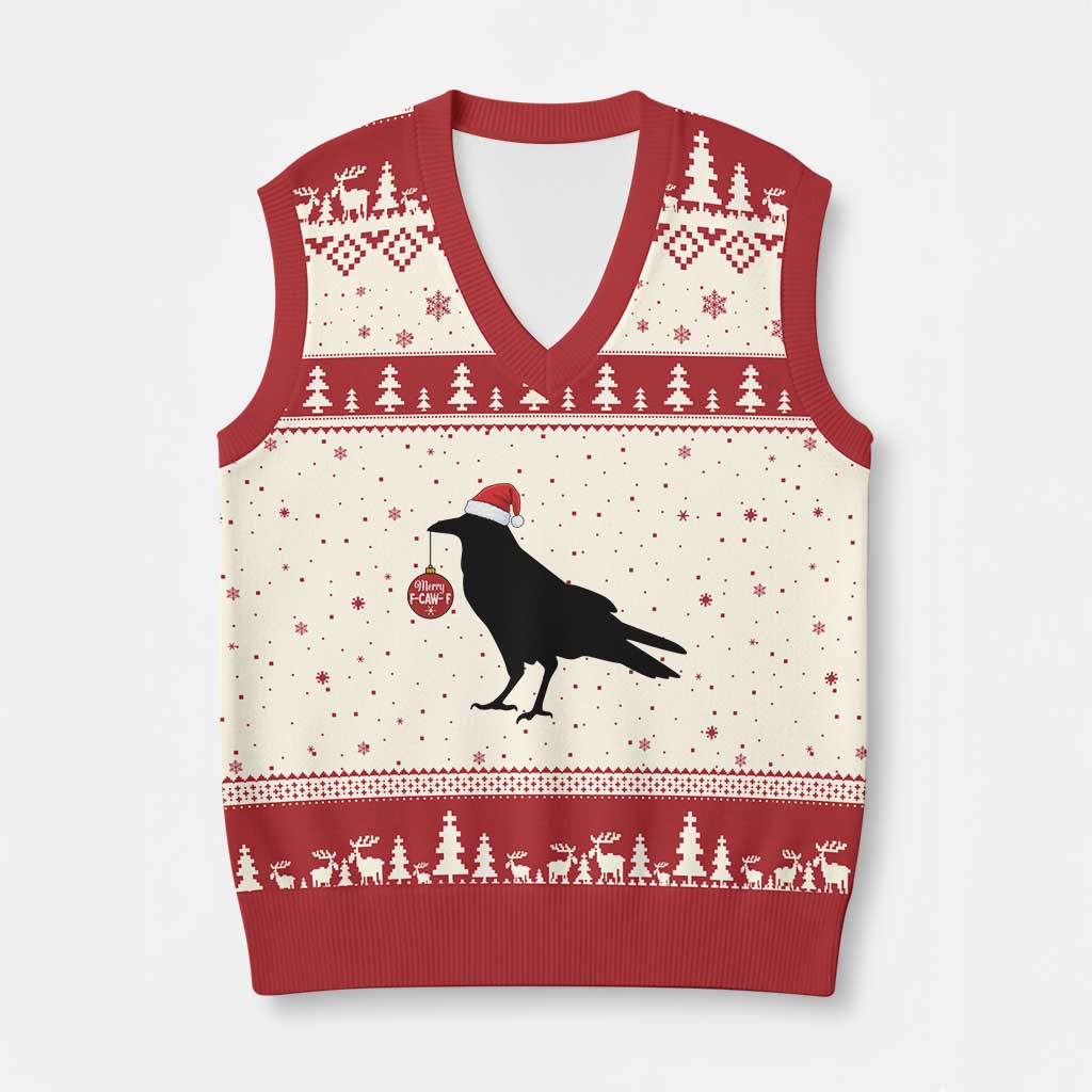 Xmas F Caw F V-Neck Knit Sweater Vest Funny Black Crow Merry Xmas - Wonder Print Shop