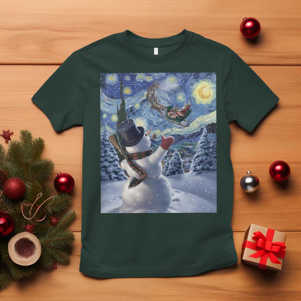 Christmas Snowman Starry Night T Shirt - Wonder Print Shop