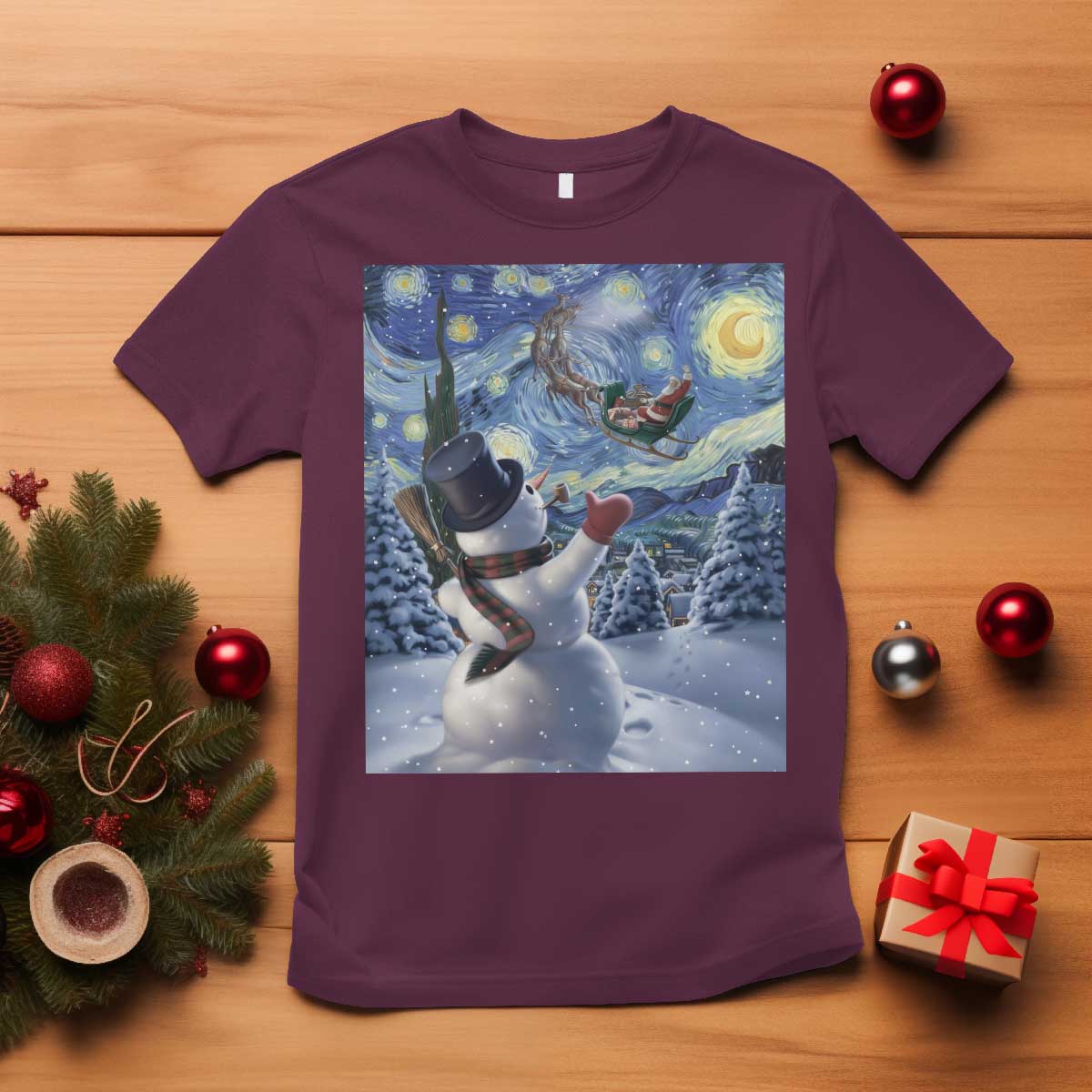 Christmas Snowman Starry Night T Shirt - Wonder Print Shop