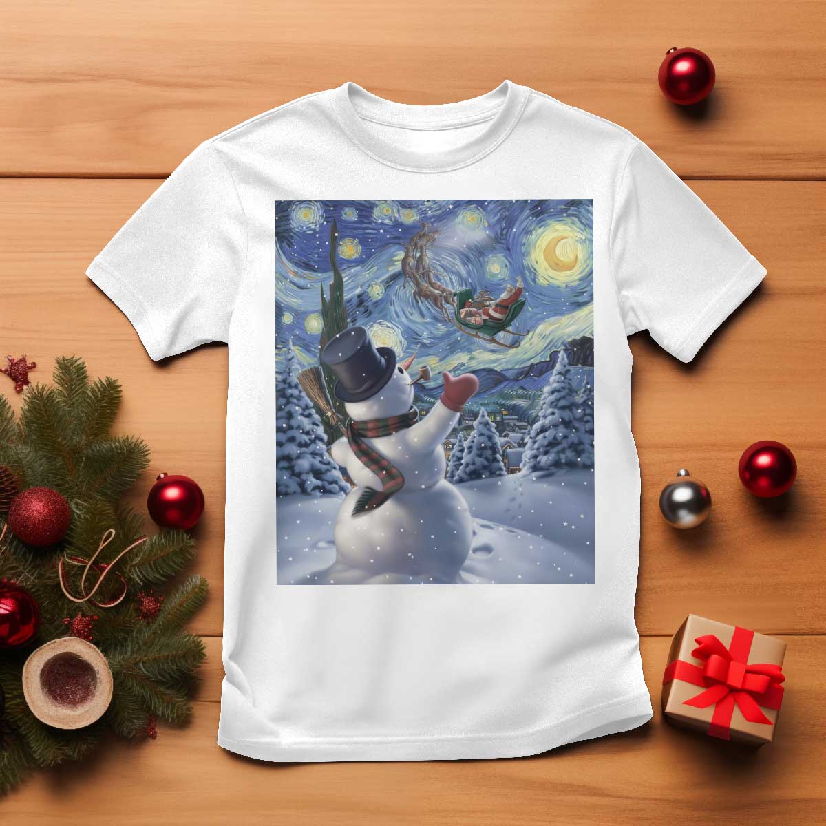 Christmas Snowman Starry Night T Shirt - Wonder Print Shop