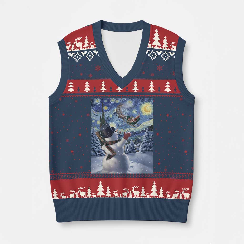 Xmas Snowman Starry Night V-Neck Knit Sweater Vest - Wonder Print Shop
