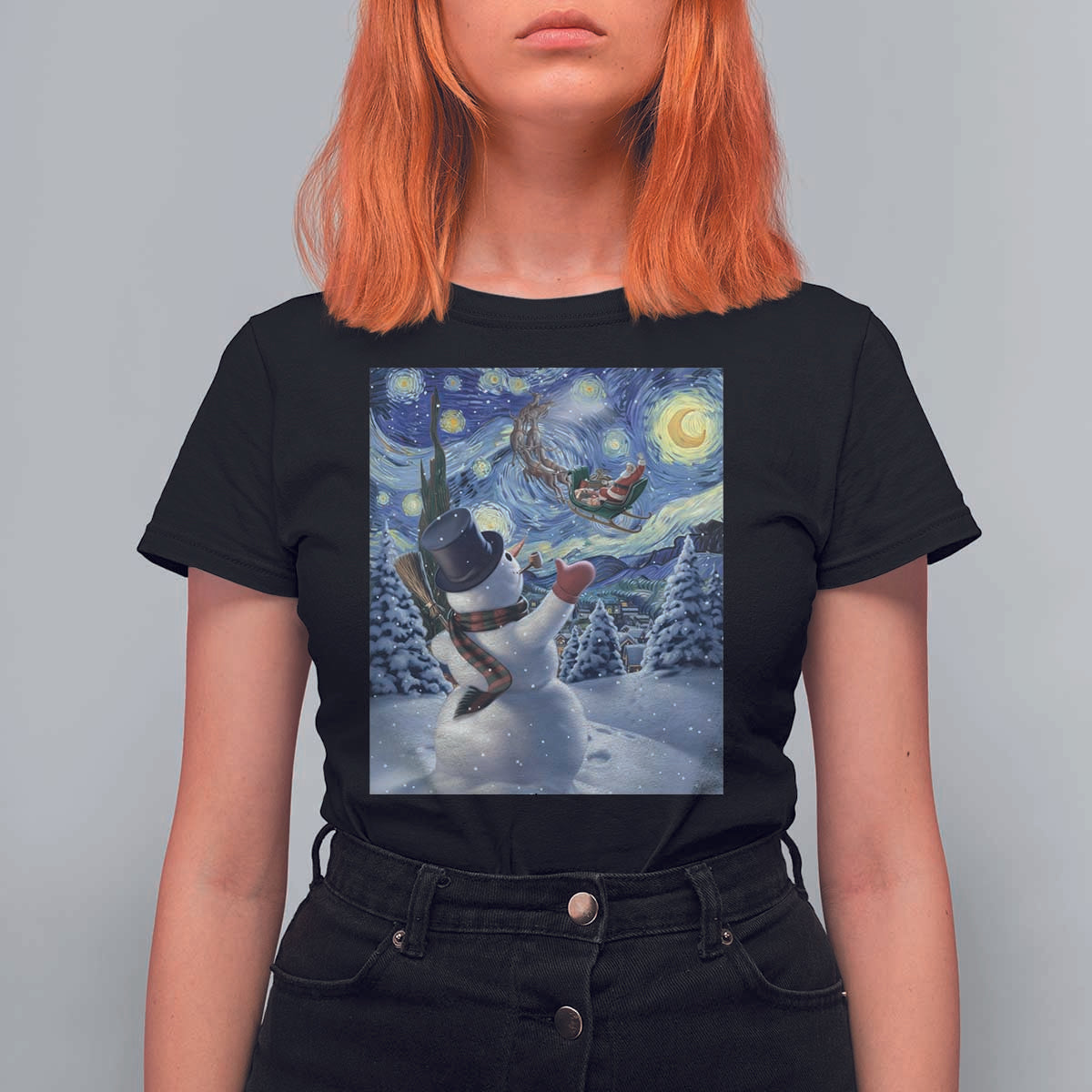 Christmas Snowman Starry Night T Shirt For Women - Wonder Print Shop
