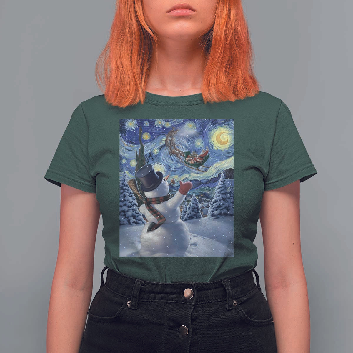Christmas Snowman Starry Night T Shirt For Women - Wonder Print Shop