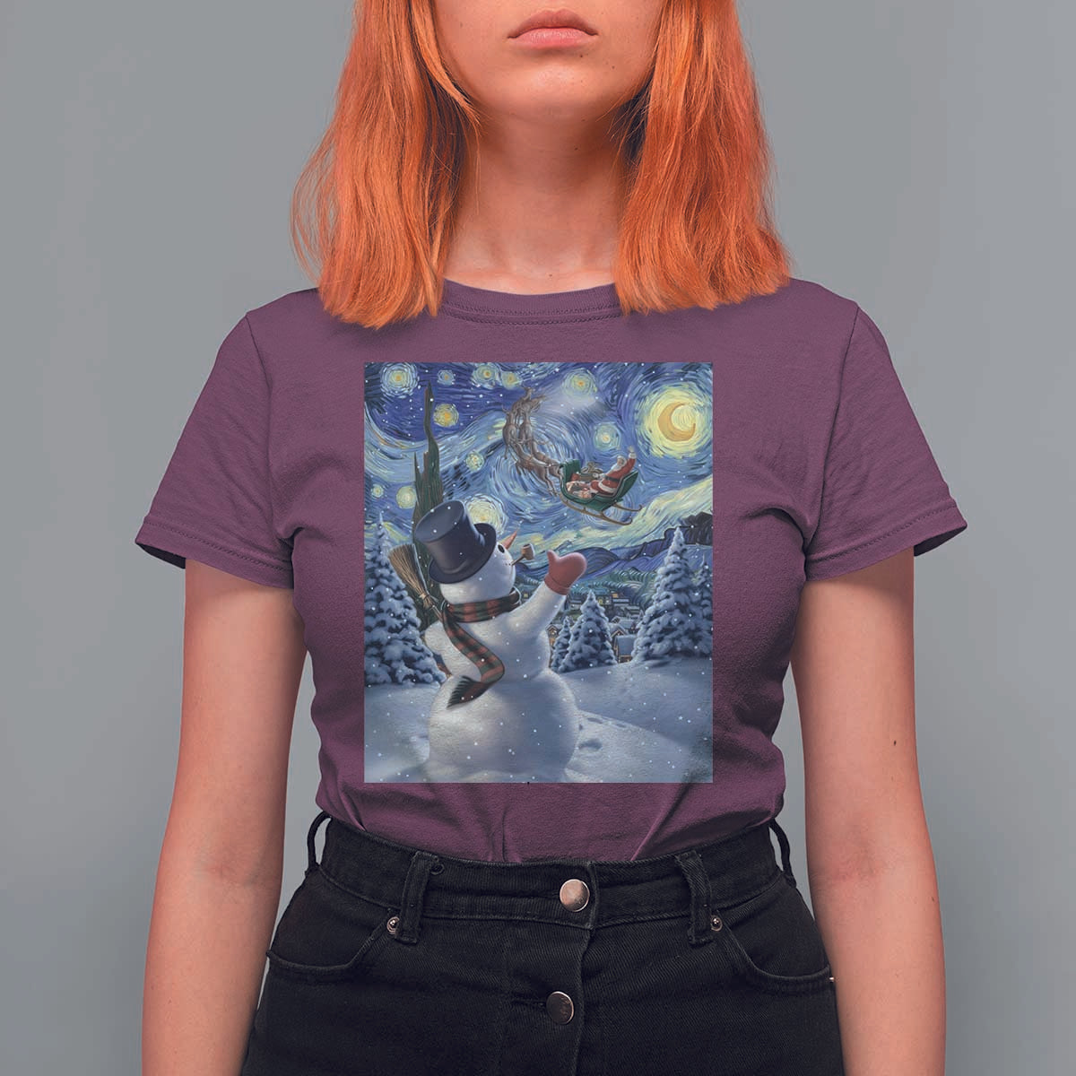 Christmas Snowman Starry Night T Shirt For Women - Wonder Print Shop