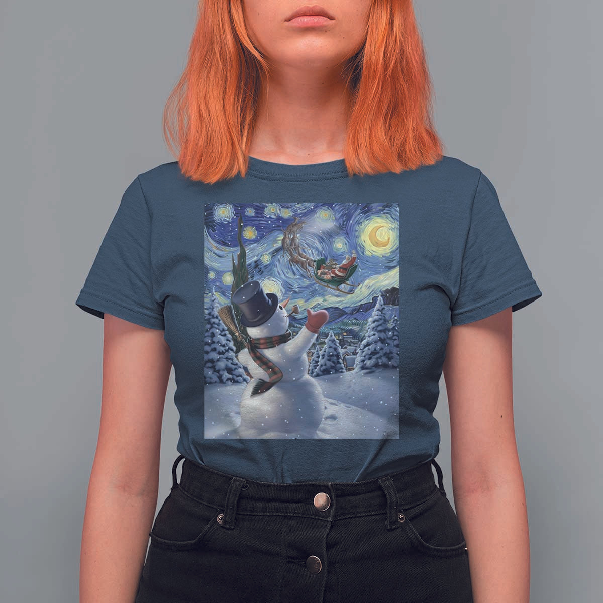 Christmas Snowman Starry Night T Shirt For Women - Wonder Print Shop