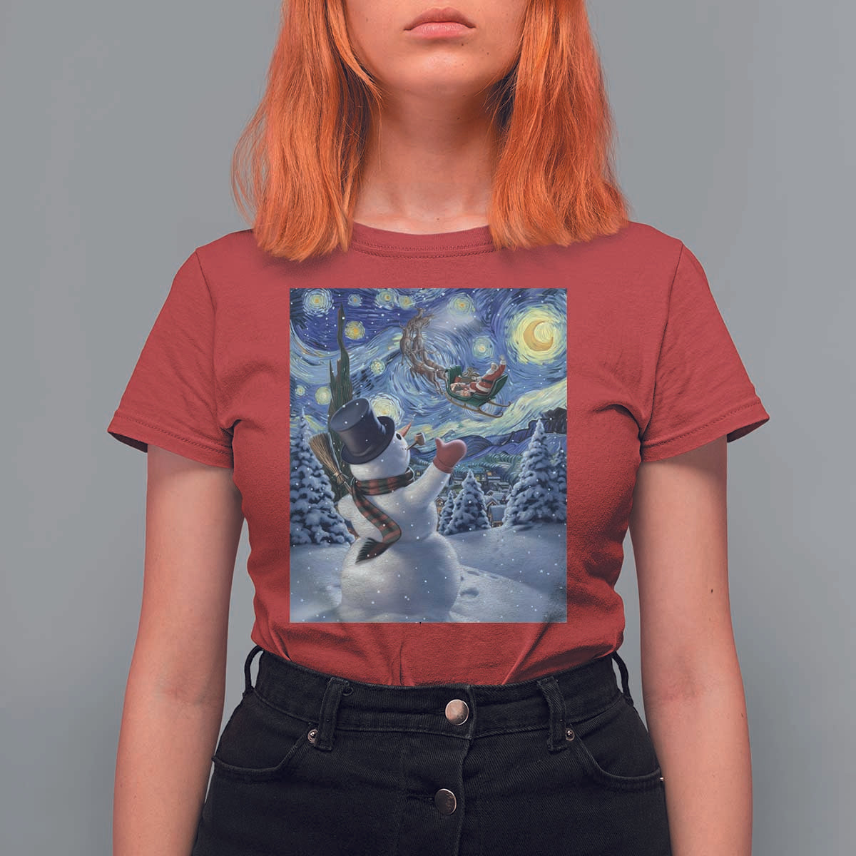 Christmas Snowman Starry Night T Shirt For Women - Wonder Print Shop
