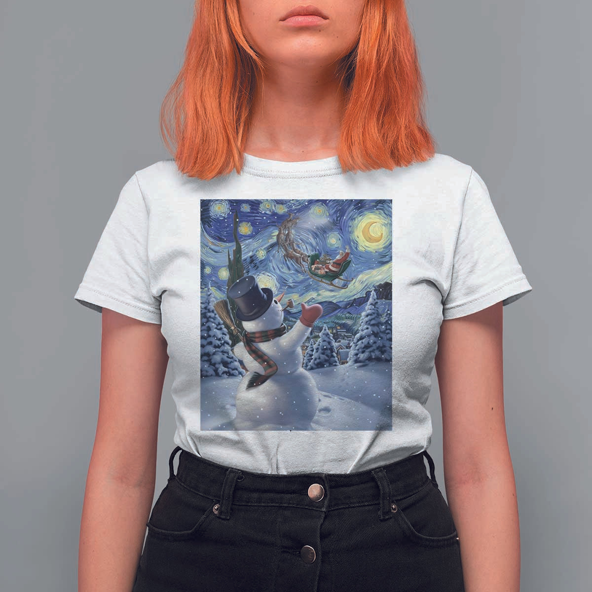 Christmas Snowman Starry Night T Shirt For Women - Wonder Print Shop