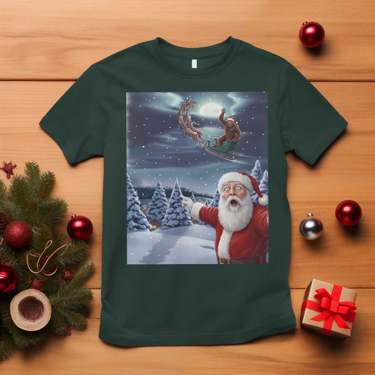 Funny Santa With Bigfoot Selfie Christmas T Shirt - Wonder Print Shop