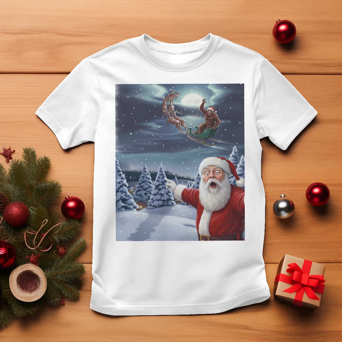 Funny Santa With Bigfoot Selfie Christmas T Shirt - Wonder Print Shop