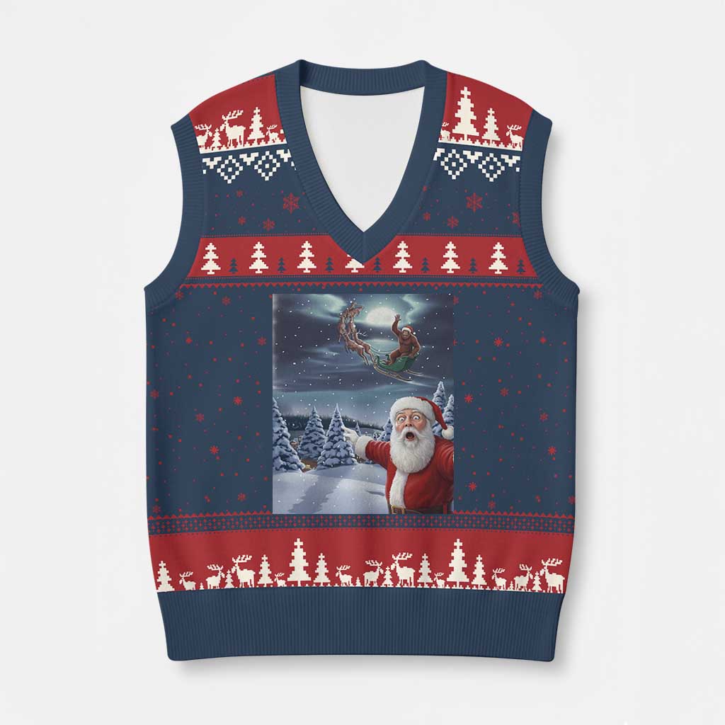 Funny Santa With Bigfoot Selfie Xmas V-Neck Knit Sweater Vest - Wonder Print Shop