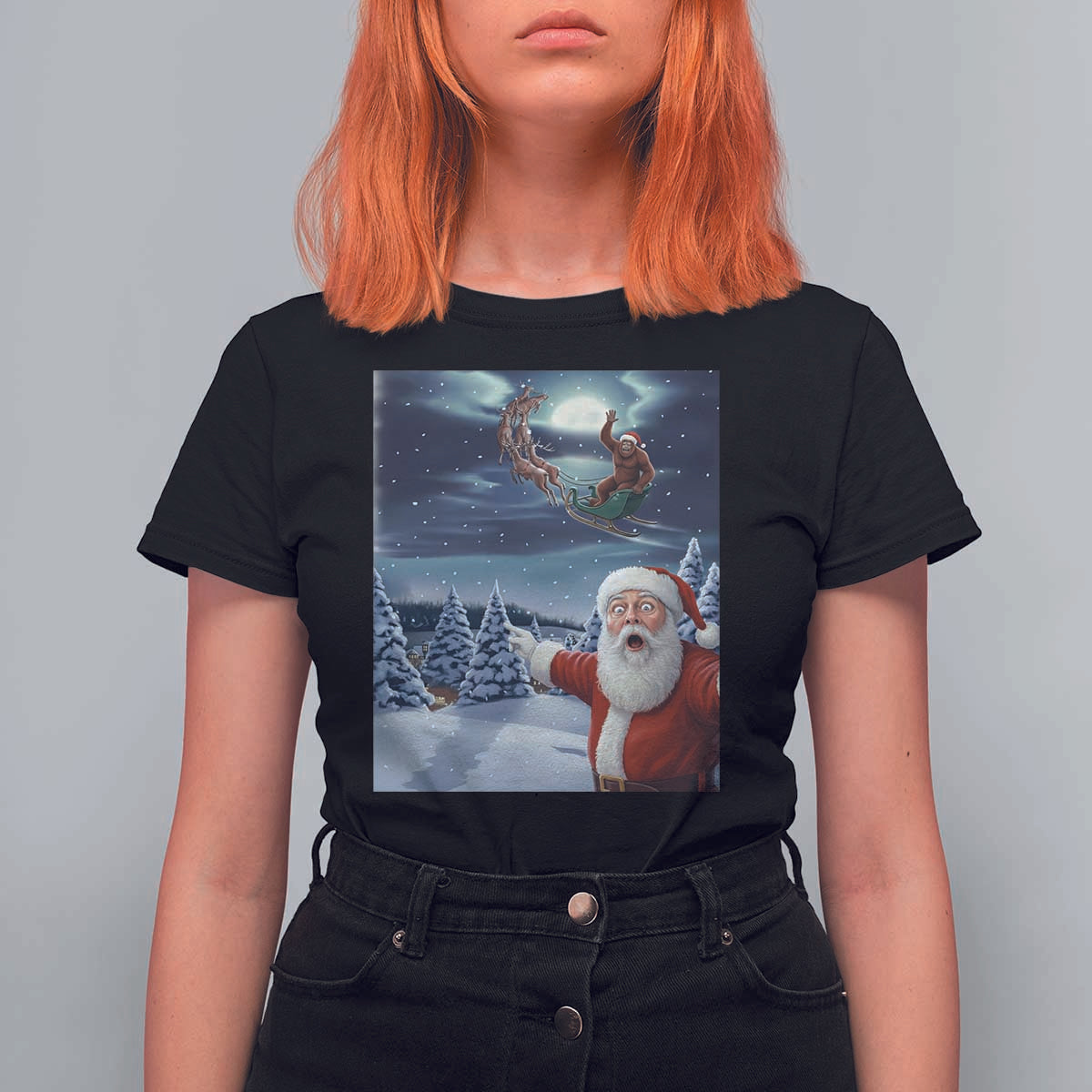 Funny Santa With Bigfoot Selfie Christmas T Shirt For Women - Wonder Print Shop