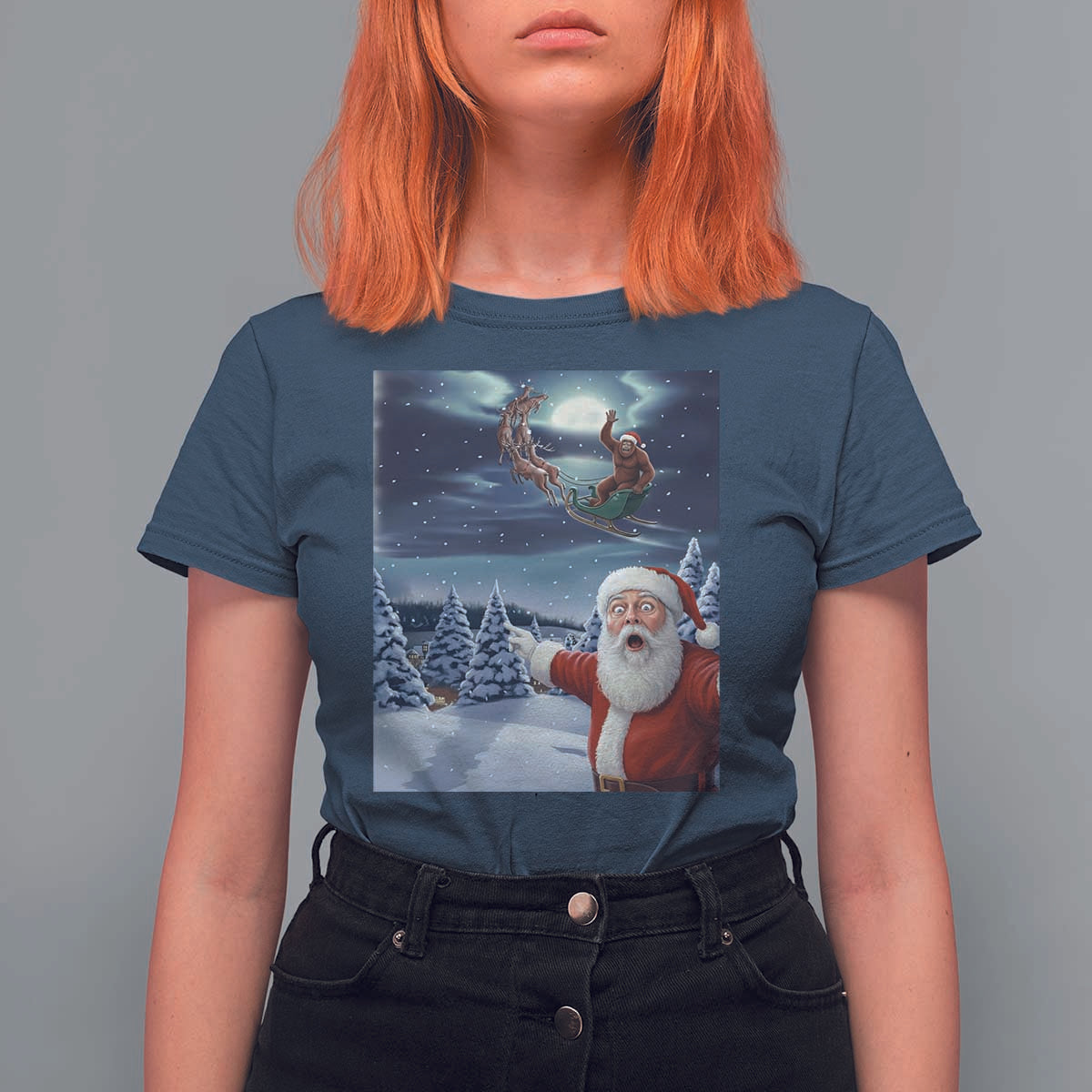 Funny Santa With Bigfoot Selfie Christmas T Shirt For Women - Wonder Print Shop