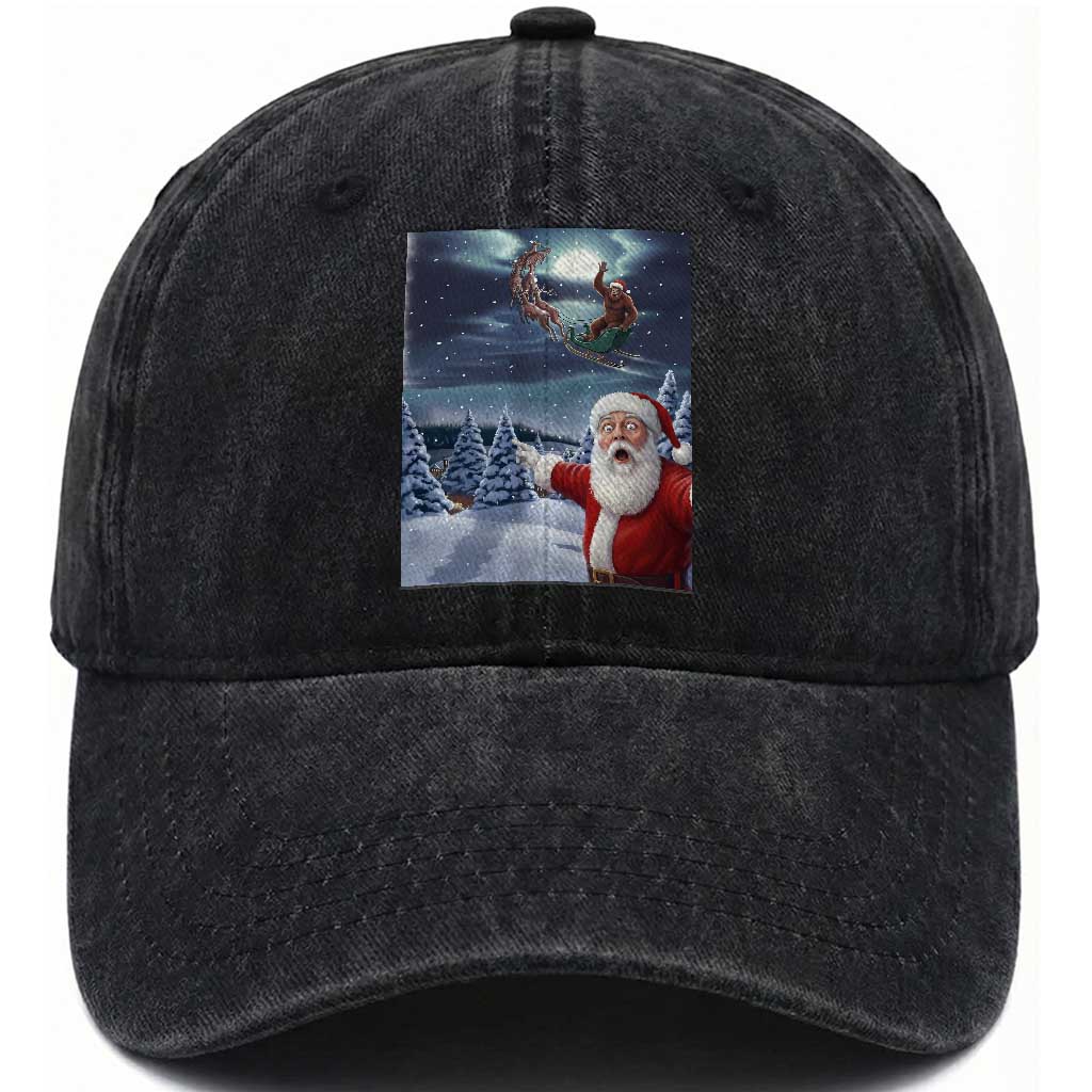 Funny Santa With Bigfoot Selfie Christmas Washed Cotton Baseball Cap