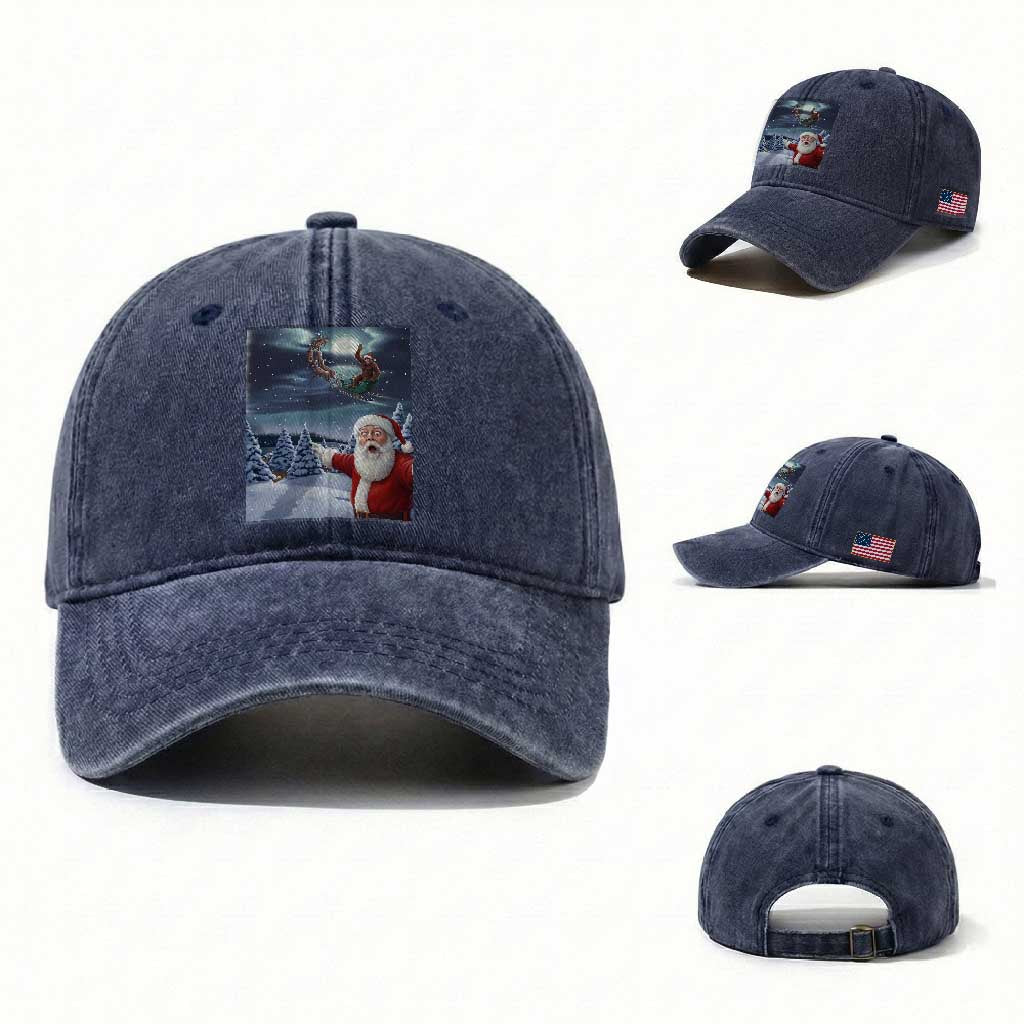 Funny Santa With Bigfoot Selfie Christmas Washed Cotton Baseball Cap