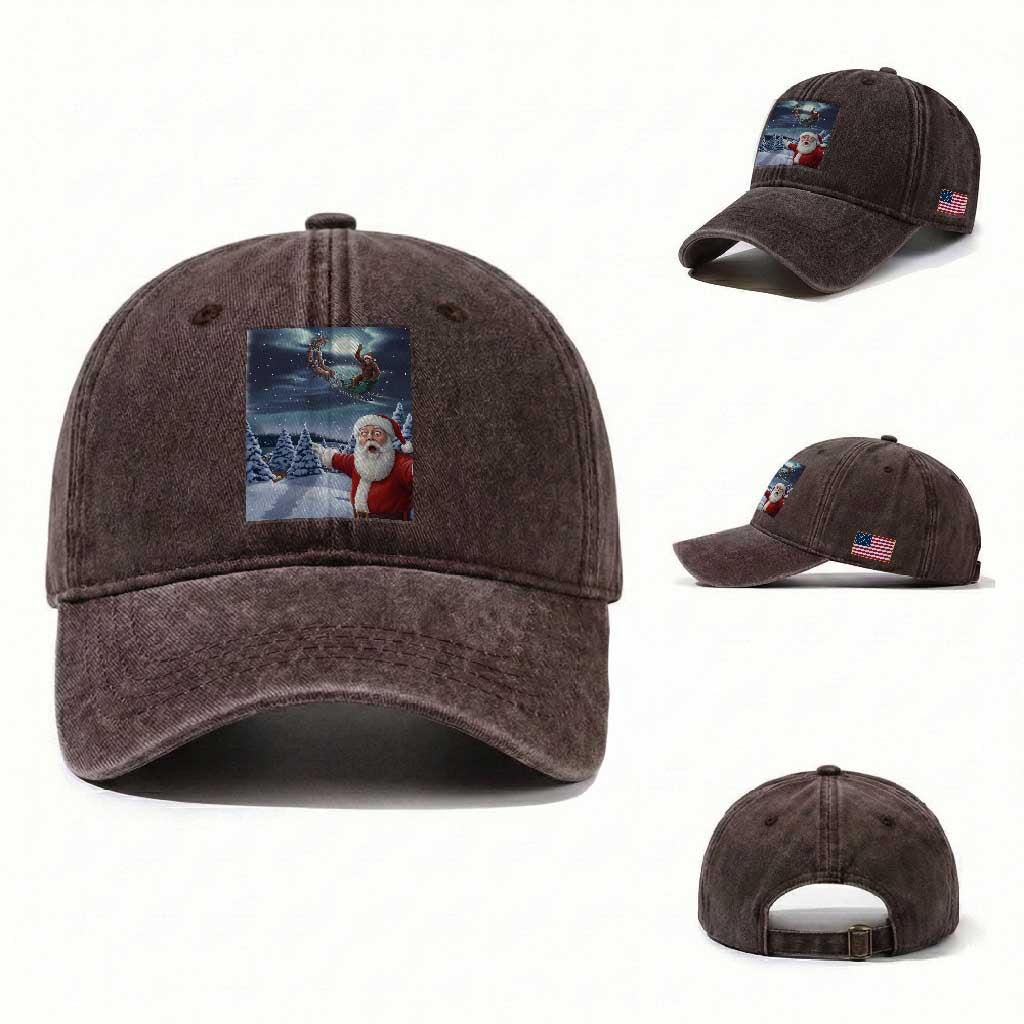 Funny Santa With Bigfoot Selfie Christmas Washed Cotton Baseball Cap