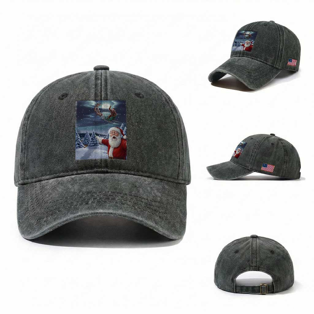 Funny Santa With Bigfoot Selfie Christmas Washed Cotton Baseball Cap