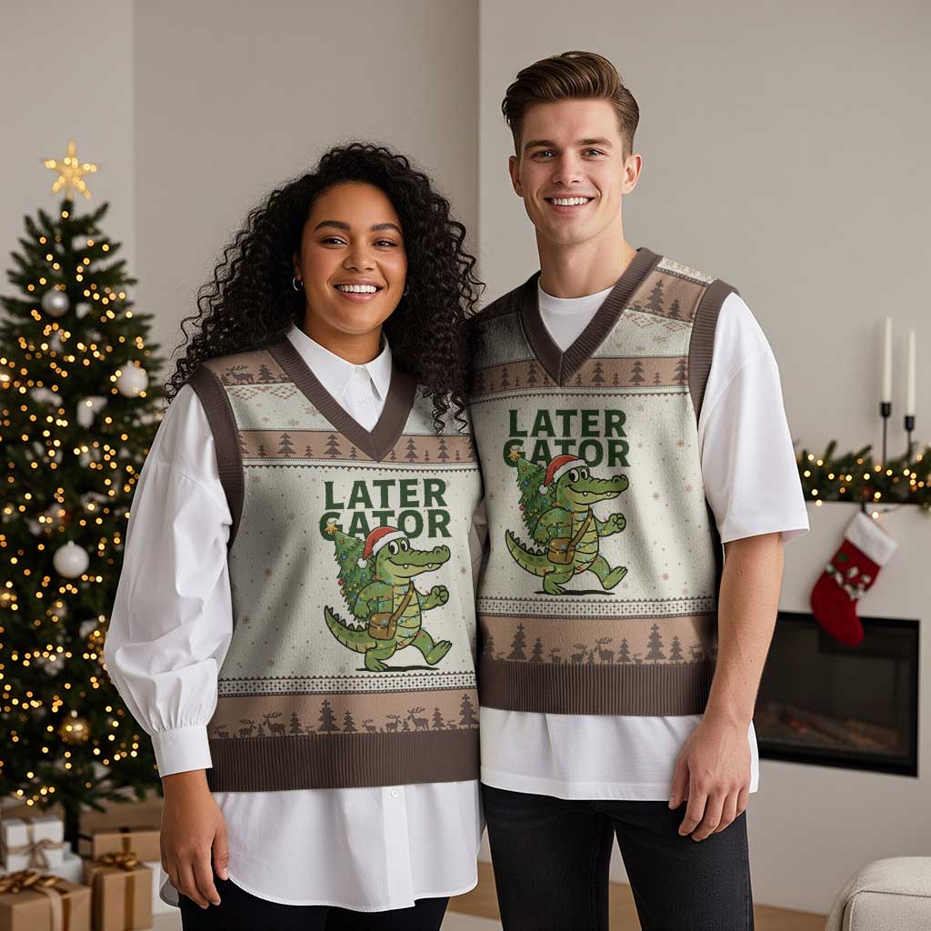 Funny Alligator Xmas V-Neck Knit Sweater Vest Lator Gator - Wonder Print Shop