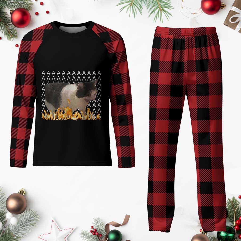 Screaming Cat Meme Plaid Pajama Set Funny Internet Gen Z Cat Lover