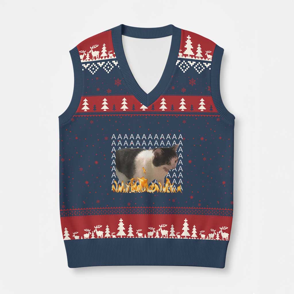Screaming Cat Meme V-Neck Knit Sweater Vest Funny Internet Gen Z Cat Lover