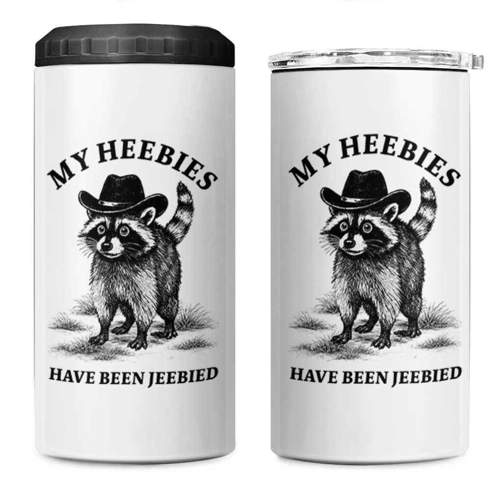 Funny Cowboy Raccoon Meme 4 in 1 Can Cooler Tumbler My Heebies Have Been Jeebied