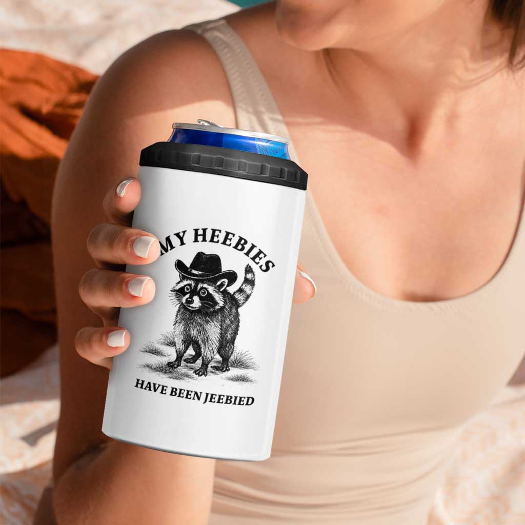 Funny Cowboy Raccoon Meme 4 in 1 Can Cooler Tumbler My Heebies Have Been Jeebied