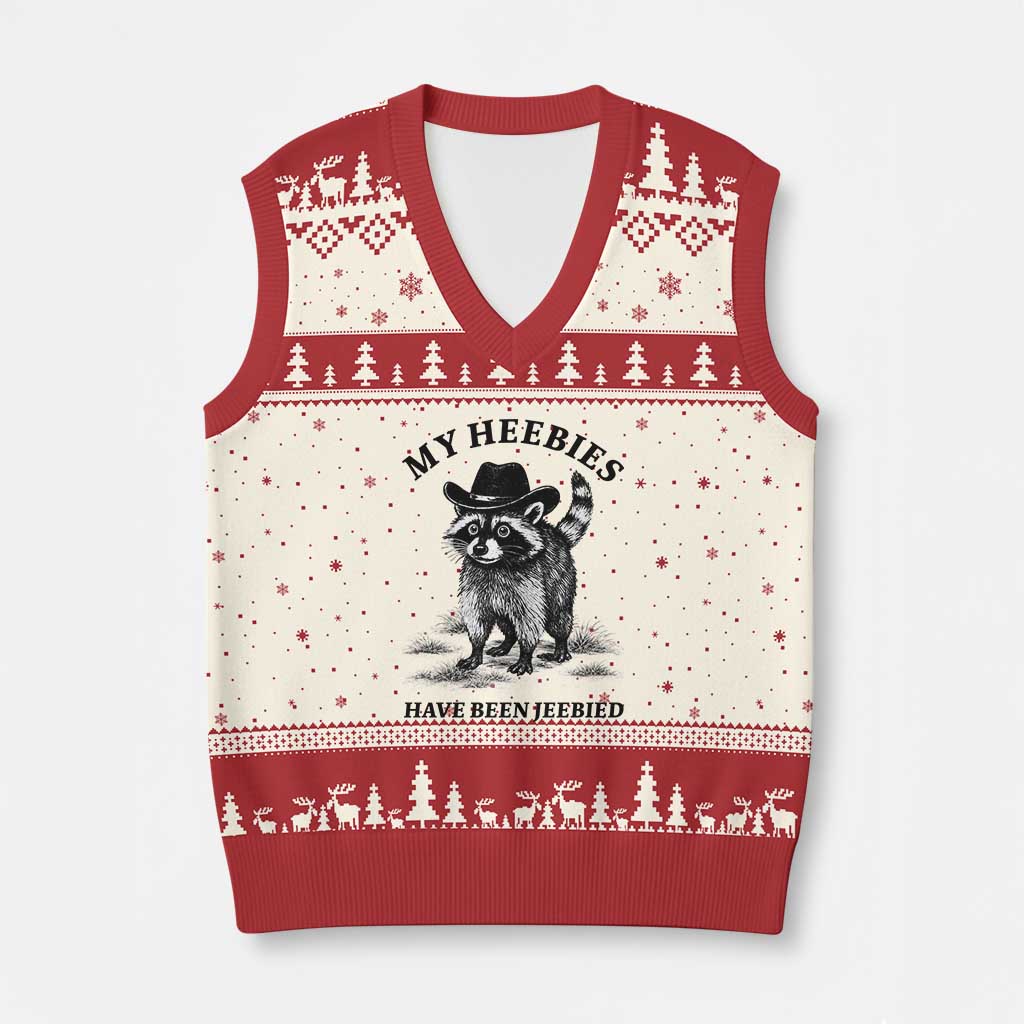 Funny Cowboy Raccoon Meme V-Neck Knit Sweater Vest My Heebies Have Been Jeebied