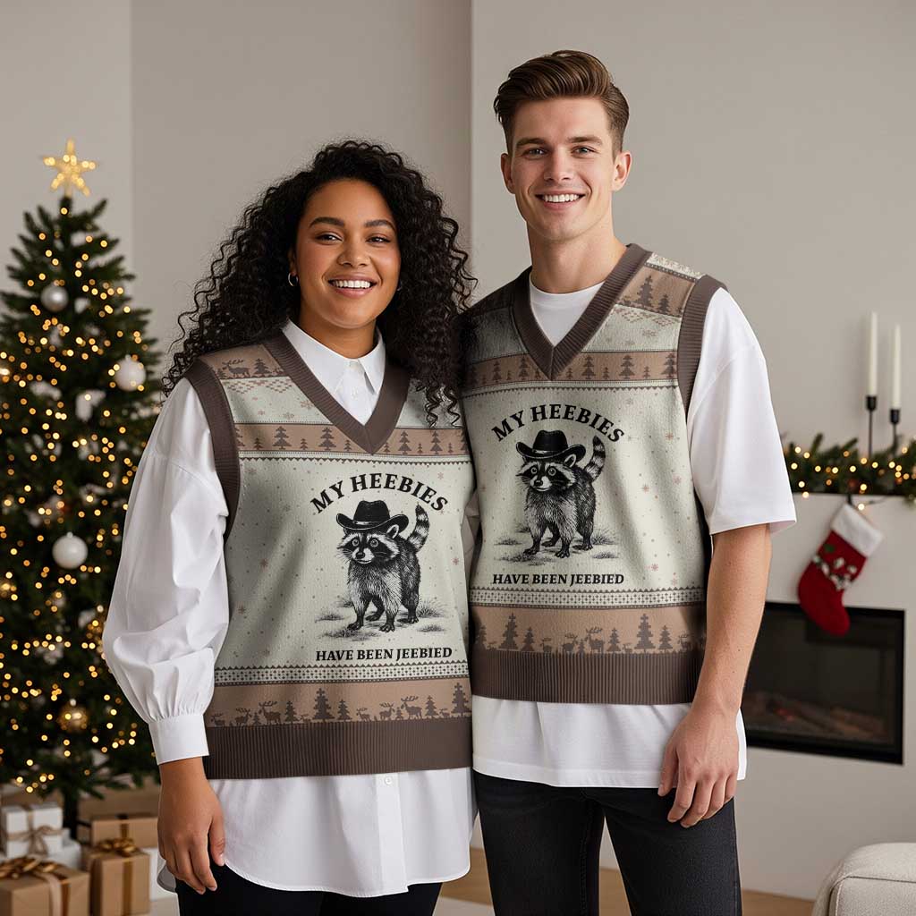 Funny Cowboy Raccoon Meme V-Neck Knit Sweater Vest My Heebies Have Been Jeebied