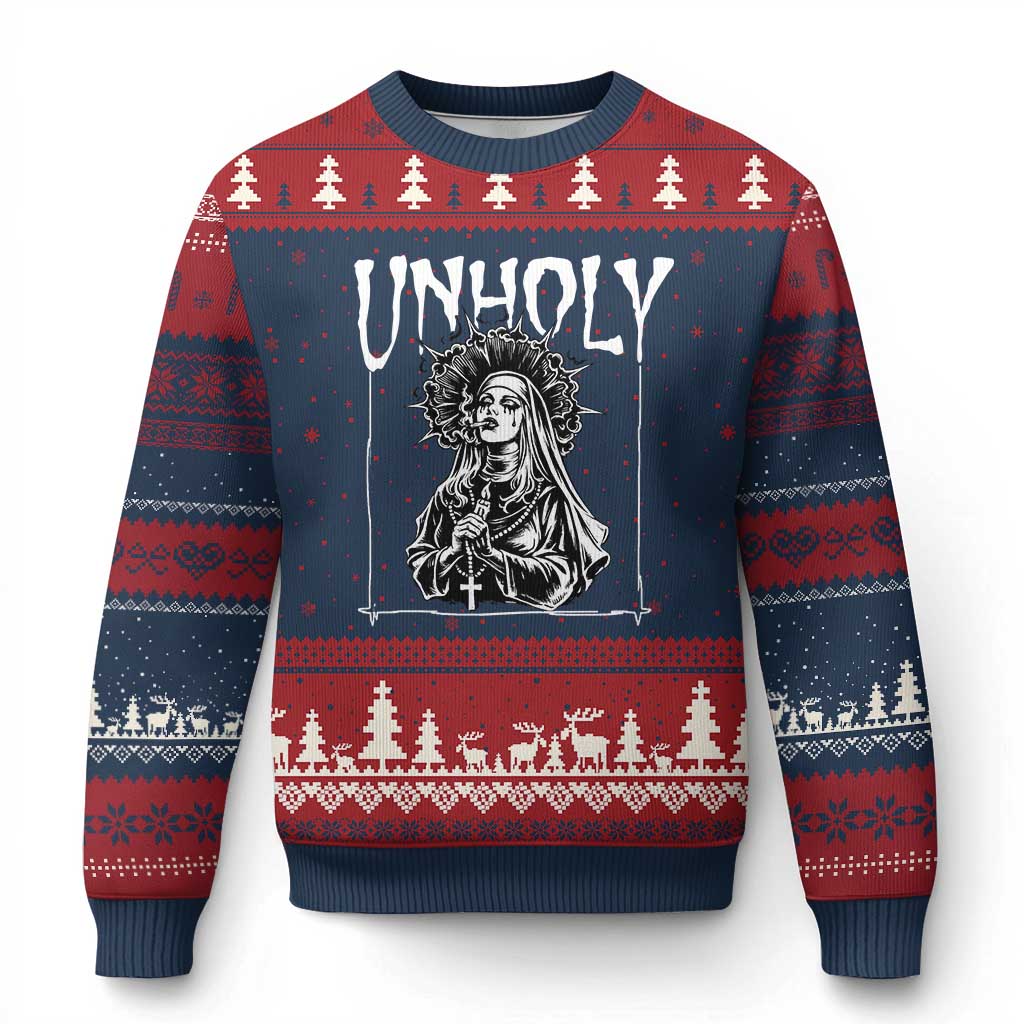 Unholy Nun Ugly Christmas Sweater Funny Horror Unholy Nun Satan Baphomet Gothic