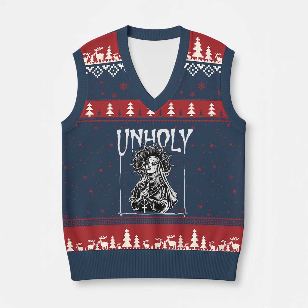 Unholy Nun V-Neck Knit Sweater Vest Funny Horror Unholy Nun Satan Baphomet Gothic