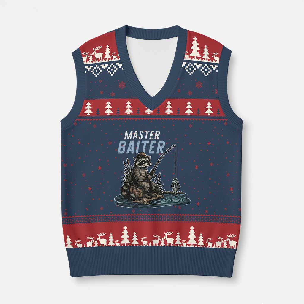 Funny Raccoon Fishing V-Neck Knit Sweater Vest Master Baiter Fisherman