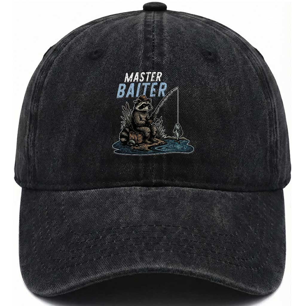 Funny Raccoon Fishing Washed Cotton Baseball Cap Master Baiter Fisherman