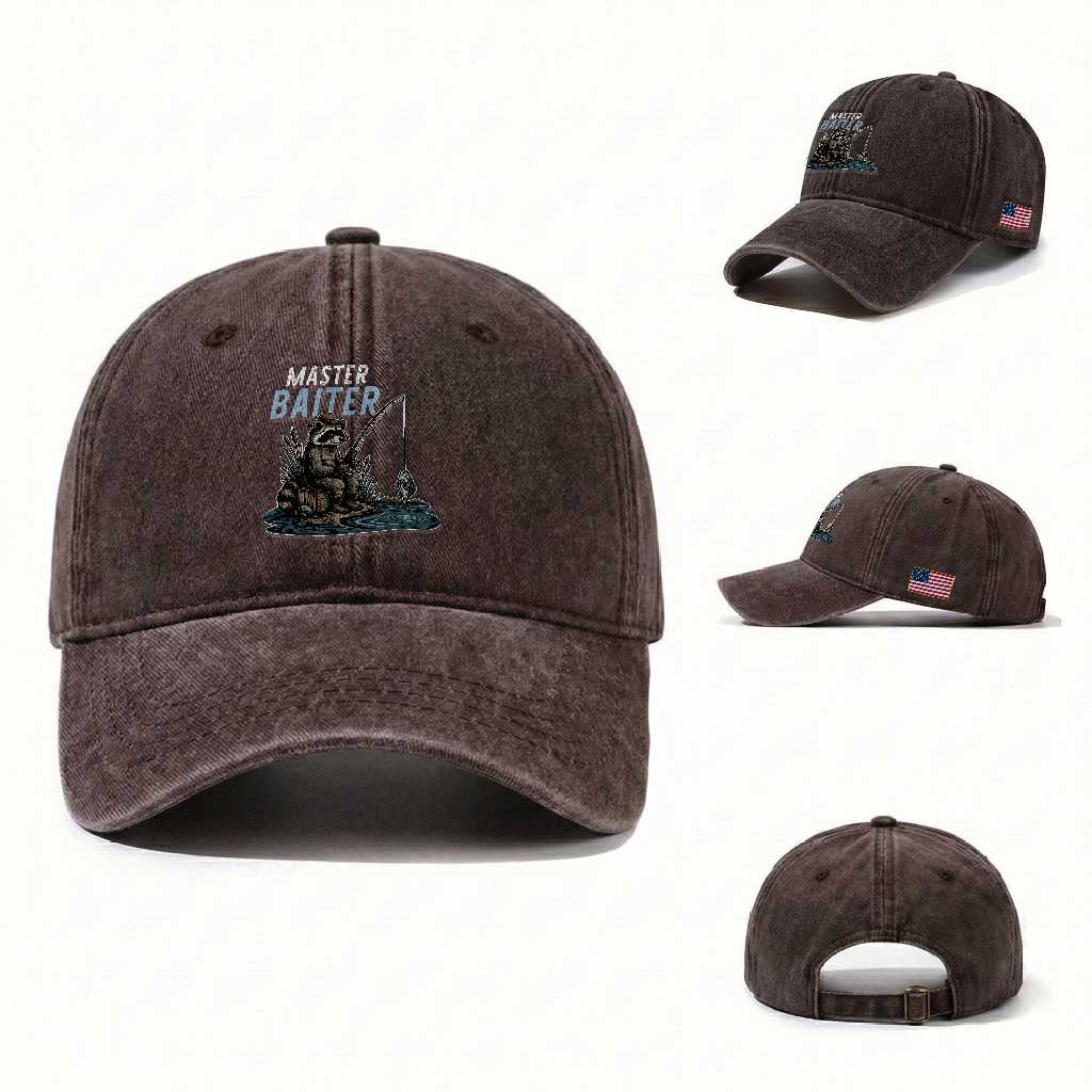 Funny Raccoon Fishing Washed Cotton Baseball Cap Master Baiter Fisherman