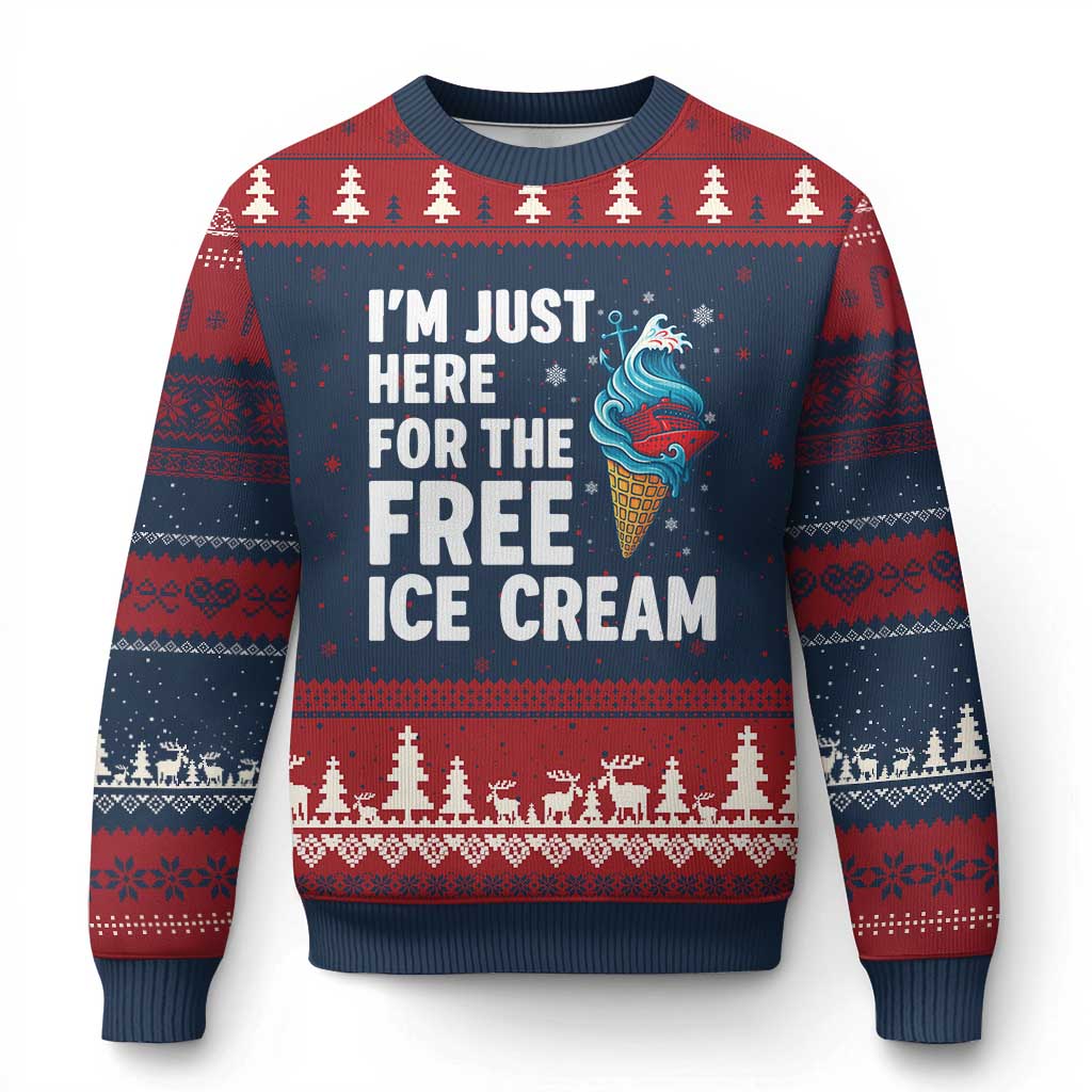 Funny Cruise Ugly Christmas Sweater I Am Just Here For The Free Ice Cream - Wonder Print Shop
