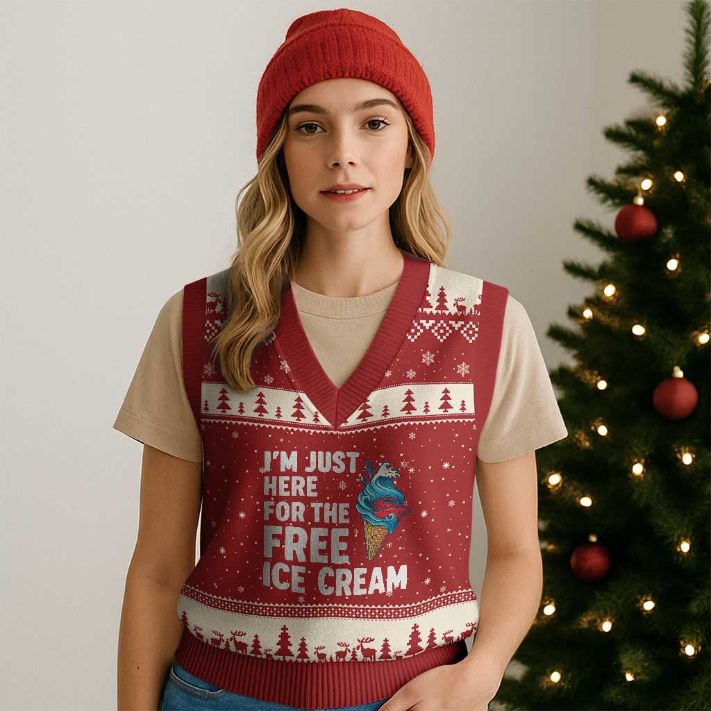 Funny Cruise V-Neck Knit Sweater Vest I Am Just Here For The Free Ice Cream - Wonder Print Shop
